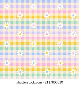 White Daisy Flower Rainbow Pastel Gingham Patterns Background Editable Stroke. Vector Illustration Tablecloth, Picnic mat wrap paper.	