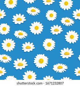 White daisy flower seamless pattern. Chamomile on blue background. Design for fabric, textile print, wrapping paper. Vector illustration.