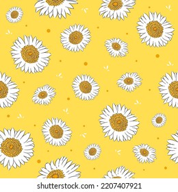 White daisy flower seamless pattern on yellow background