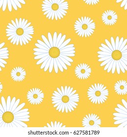 White daisy flower seamless pattern. Chamomile on yellow background