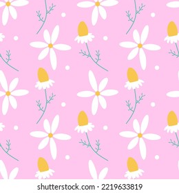 White daisy flower seamless vector pattern. Floral pattern with small white flowers on pink. Repeating texture for fashion prints. Chamomile print.