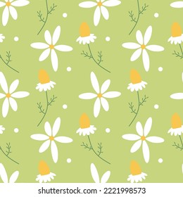 White daisy flower seamless vector pattern. Floral pattern with small white flowers on light green. Repeating texture for fashion prints. Chamomile print.