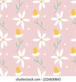 White daisy flower seamless vector pattern. Floral pattern with small white flowers on pink. Repeating texture for fashion prints. Chamomile print.	
