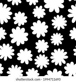 White daisy flower shapes on black seamless pattern vector. Funny simple floral surface design. Abstract black and white ornament with little flowers silhouettes