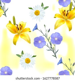 White Daisy flower, yellow Lily, flax flowers and inflorescences. Floral seamless pattern, EPS 10 vector