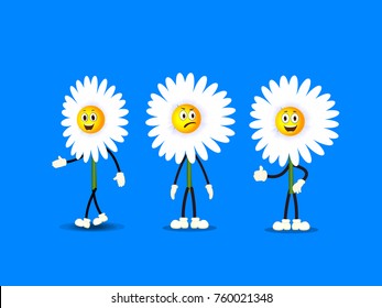 White Daisy Flowers with Expressions - Cartoon Vector Image