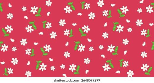 Flores de margarida branca com folhas verdes sobre fundo vermelho framboesa, padrão floral vetor sem costura para têxteis, decoração infantil e produtos com tema de primavera
