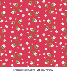 Flores de margarida branca com folhas verdes sobre fundo vermelho framboesa, padrão floral vetor sem costura para têxteis, decoração infantil e produtos com tema de primavera