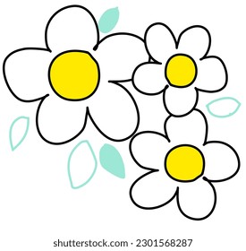 White Daisy flowers and leaves freehand doodle 