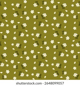 Flores e pétalas de margarida branca no fundo verde-oliva, padrão floral vetor sem costura para tecido, roupas de criança ou decoração de primavera