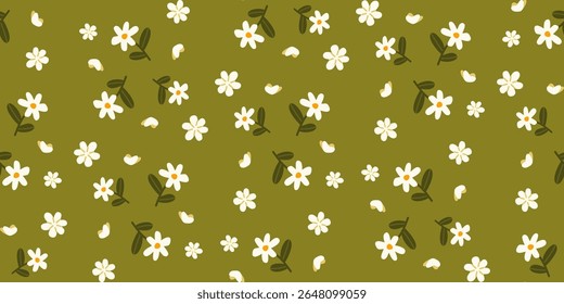 Flores e pétalas de margarida branca no fundo verde-oliva, padrão floral vetor sem costura para tecido, roupas de criança ou decoração de primavera