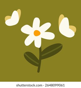 Flores e pétalas de margarida branca no fundo verde-oliva, padrão floral vetor sem costura para tecido, roupas de criança ou decoração de primavera