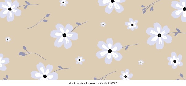 Patrón floral sin fisuras de Vector de flores de margarita blanca con fondo beige, ramitas de prado mínimas, flores Pequeñas. Diseño fresco del fondo del verano de la primavera para el Fondo de pantalla, tela, envoltura, Web.