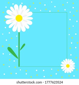 margarita blanca sobre un fondo azul con puntos de polka y marco con espacio para texto.