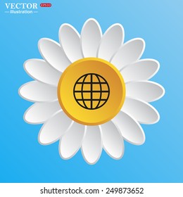 White daisy on a blue background. Globe,  vector illustration, EPS 10