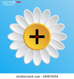 White daisy on a blue background. Plus sign icon, vector, EPS 10