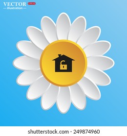 White daisy on a blue background. House, access is open, unlocked,  vector illustration, EPS 10