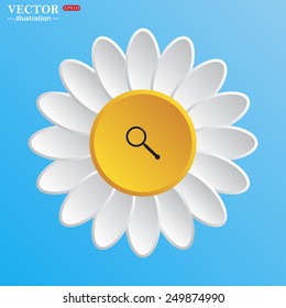 White daisy on a blue background. Magnifying glass. Search , vector illustration, EPS 10