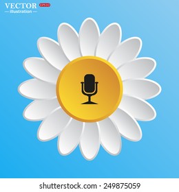White daisy on a blue background. Microphone. Voice recording, vector illustration, EPS 10