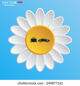 White daisy on a blue background. trailer, car, suitcase on wheels , vector illustration, EPS 10