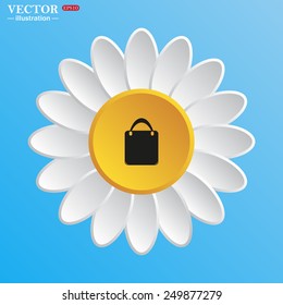 White daisy on a blue background. Shopping basket, bag, vector illustration, EPS 10