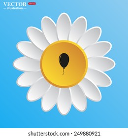 White daisy on a blue background. Balloon sign icon. Birthday air balloon with rope or ribbon symbol.  Vector illustration, EPS 10
