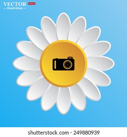 White daisy on a blue background. photo camera, vector illustration, EPS 10