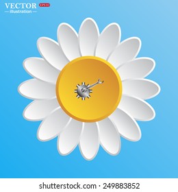 White daisy on a blue background. Cog Settings , vector illustration, EPS 10