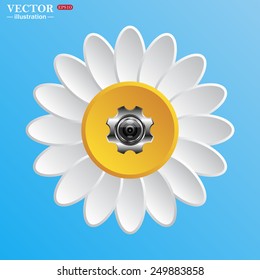White daisy on a blue background. camera Settings, vector illustration, EPS 10