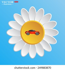 White daisy on a blue background. red car , vector illustration, EPS 10