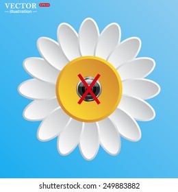 White daisy on a blue background. photo video banned camera crossed out with a red cross, vector, EPS 10