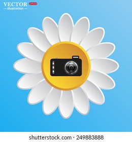 White daisy on a blue background. photo camera, vector illustration, EPS 10