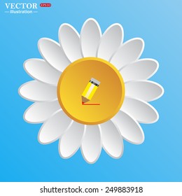 White daisy on a blue background. yellow pencil, vector, EPS 10