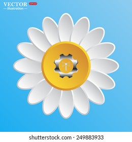 White daisy on a blue background. Toothed setting controls via wi-fi network, vector illustration, EPS 10