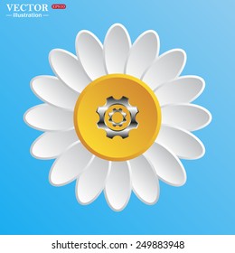 White daisy on a blue background. Cog Settings , vector illustration, EPS 10