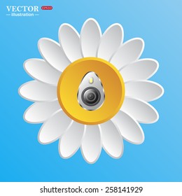 White daisy on a blue background. Flower. Sky. icon smartphone camera and flash, vector illustration, EPS 10