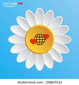 White daisy on a blue background. Flower. Sky.  Icon planet and two red hearts. Symbol of love between the nation. Globe.  vector illustration, EPS 10 