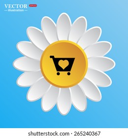 White daisy on a blue background. Flower. Sky.   Favorite products. Favorite purchase. Heart.  put in shopping cart , vector illustration, EPS 10