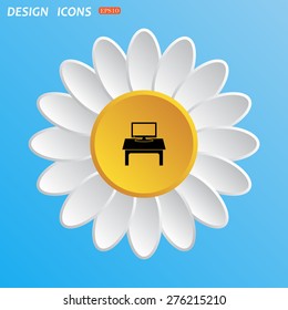 White daisy on a blue background. Flower. Sky. Computer desk, workplace. icon. vector design