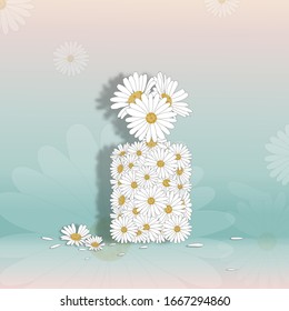 White daisy in perfume shape on pink and green pastel, Blooming spring flowers on blurry background with copy space for message,Greeting card for Valentine's Day,Woman's Day and Mother's Day holiday