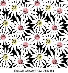Patrón transparente de margarita blanca. Fondo de diseño floral. Flores cortas con el centro rosado y amarillo sobre el negro. Ilustración vectorial.