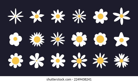 White daisy set, kids chamomile flowers. Different petals. Retro baby color chamomile collection, blossom hearts, spring botanical isolated on black plants. Vector illustration recent icons