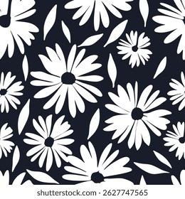 Padrão de silhueta de margarida branca no fundo preto design floral sem emenda