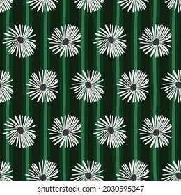 White daisy with thin and long petals on green striped background. Repeatable design. Great as fashion clothing , textiles, background , digital paper and product packaging