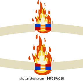 White damaged cable with red wire. Cartoon flat illustration. Broken line. faulty electrical appliance. Safety rule. Orange flame and fire. short circuit