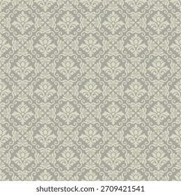 Modelo inconsútil floral blanco del damasco en el fondo gris, un modelo floral refinado del damasco diseñado como estilo inconsútil floral elegante del damasco para el Fondo de pantalla lujoso y la decoración textil.
