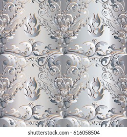 White Damask floral seamless pattern. Light flourish background wallpaper illustration with vintage  3d flowers, leaves and antique ornaments in Baroque Victorian style. Surface vector texture.