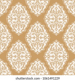 White Damask pattern on a gold background Ornament vintage illustration. Great for fabric and textile, flyer, banner, business cards, wallpaper, packaging or any desired idea.