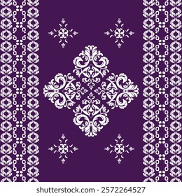 White damask seamless pattern with decorative snowflakes. Vector illustration. Motifs ornament, design for curtains, elaborated border, sarees, carpet, and clothing.