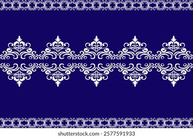 White damask vintage border in blue background. Vector illustration. Design for elaborate borders, tiles, ceramic pottery, and clothing. 